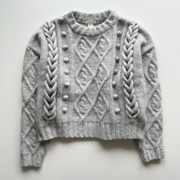 H&M Boxy Gray Cable Popcorn Chunky Knit Oversized Crewneck Wool Blend Sweater XS - Picture 1 of 10